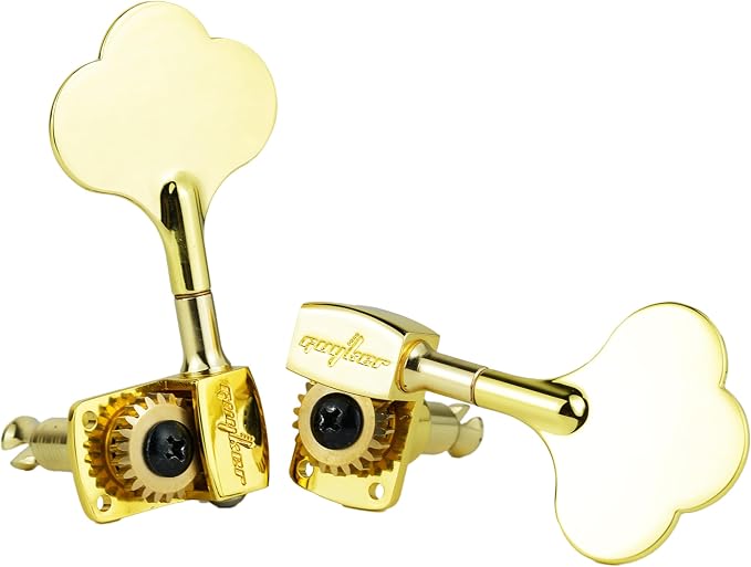 Guyker Bass Tuners (4R + 1L) - 1:22 Ratio Gear Open Frame Bass Drop Locking Machine Head Tuning Key Pegs Replacement for Electric Jazz Guitar Bass or Precision Instruments, BB100 Gold