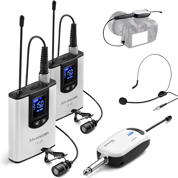 Alvoxcon TG220S Dual Wireless Lapel Mic for iPhone, DSLR Camera, PA Speaker, YouTube, Podcast, Video Recording, Conference, Vlogging, Church, Interview, Teaching