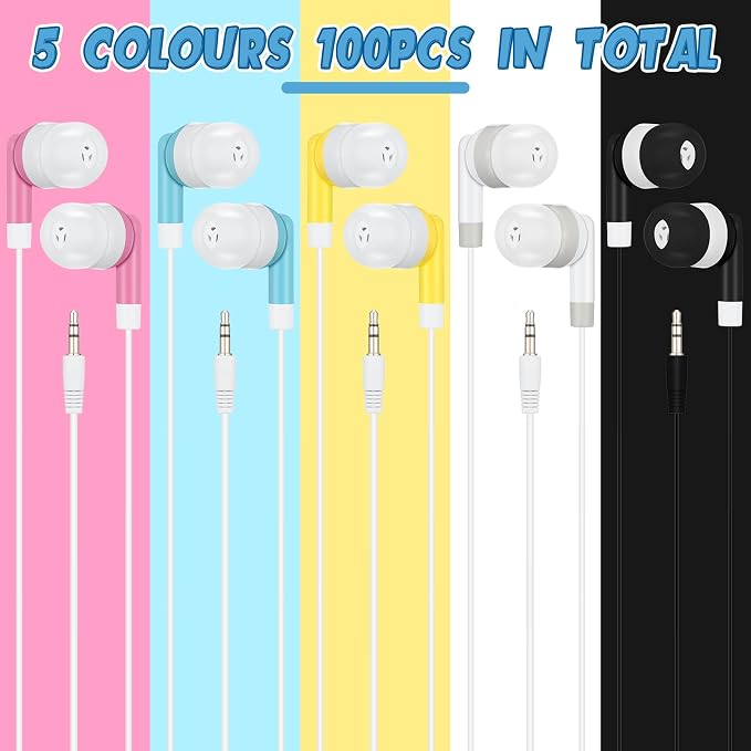 Kigeli 100 Pack Kids Bulk Earbud Headphones for Classroom Student Wired Headphones in-Ear Earbud 3.5 mm Disposable Earphones Set for Kids Adults Class School Library Museum Laptop(Multicolor)