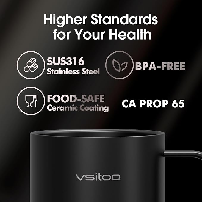 Vsitoo S6 Plus 12oz Smart Self Heating Coffee Mug, AI Auto-Sensing Heated Espresso Mug Temp Control 120-150℉, Rechargeable Mug Warmer with Music LED, IPX7 Gift for Women Men- Black