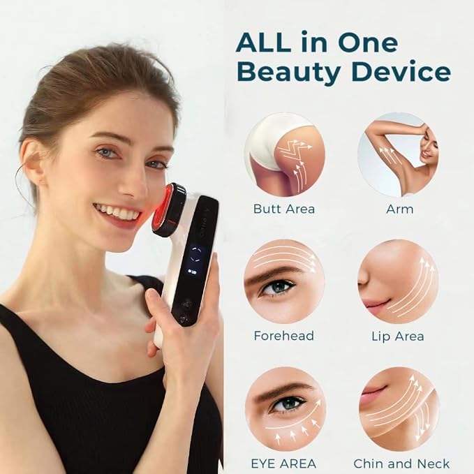 Radio Frequency Skin Tightening Machine, 6-in-1 Rechargeable Anti-Aging Skin Care Microcurrent Facial Device, Red Light, Wrinkle Remove, Rejuvenation, Skin-Firming, Coal Black and Pearl White
