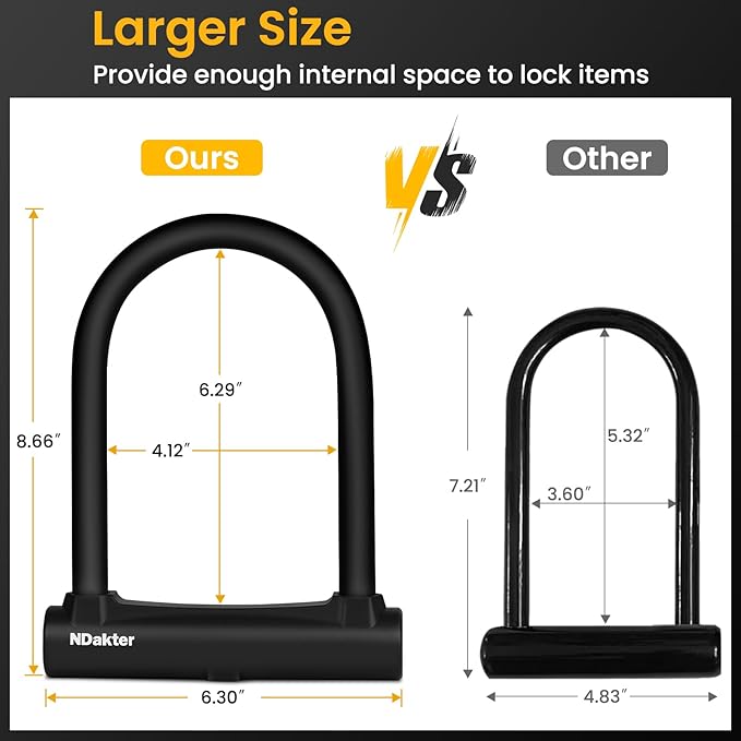 NDakter Bike Locks, 17mm Heavy Duty Anti Theft, Bike U Lock with 4FT Chain and Bracket, Electric Bicycle Lock for Scooter, 3 Keys Motorcycle Wheel Lock for Ebike, Moped, Tricycle