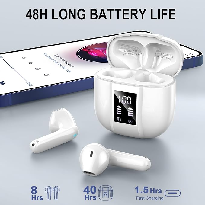 Jxrev 2026 Upgraded Wireless Earbuds, 50H Playtime Bluetooth 5.4 Headphones with 4 ENC Noise Cancelling Mics, LED Display Fast Charging Case, HiFi Stereo Deep Bass, IP7 Waterproof in Ear Earphones