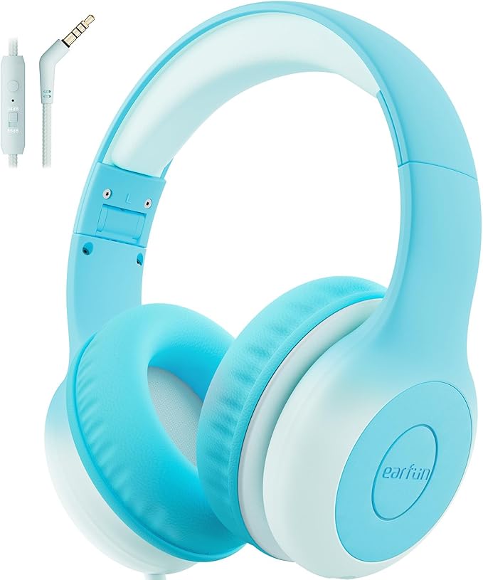 EarFun K1 Kids Headphones Wired with Microphone, 85/94dB Volume Limit Headphones for Kids, Portable Wired Headphone with Shareport, Stereo Sound Foldable Headset for School/Tablet/iPad, Sky Blue
