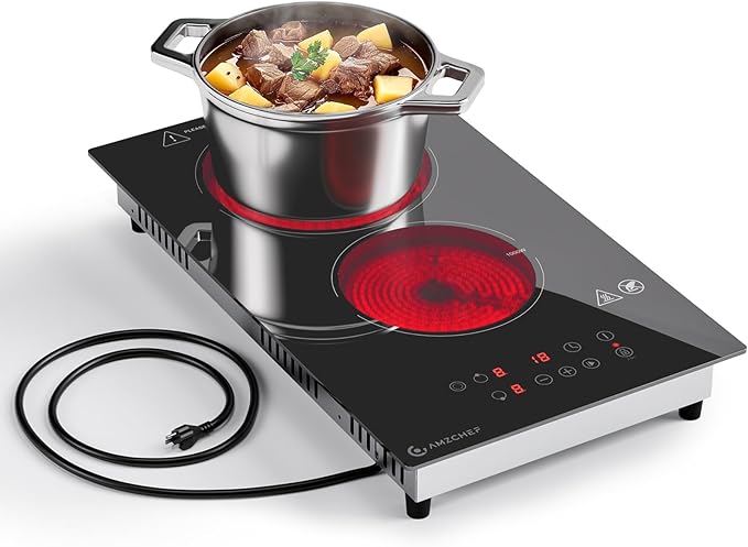 AMZCHEF 2-Burner-Electric-Cooktop-Electric-Stove, 12 inch Plug in Stove Top 110V-120V, 2 Burner Hot Plate with 1800W & 9 Power Levels, Residual Heat Indicator, Over-Temperature Protection