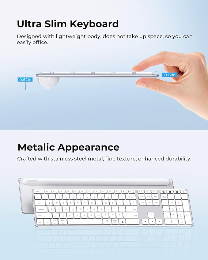 seenda Wireless Bluetooth Keyboard and Mouse Combo, SKM64-3 Rechargeable Slim Quiet Keyboard Mouse, 3 Multi-Device Connection, Compatible for Windows 11/10 PC Laptop Mac MacBook iPad, White Silver