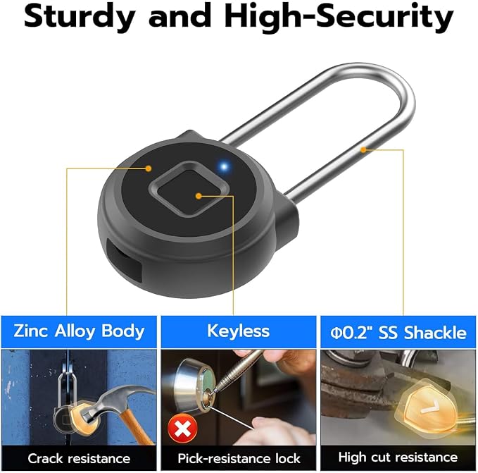 Fingerprint Padlock eLinkSmart Long Padlock with 45MM Shackle Phone App Bluetooth Weatherproof Combination Locker Lock for Gym Locker Locker Backpack Suitcase Luggage Black