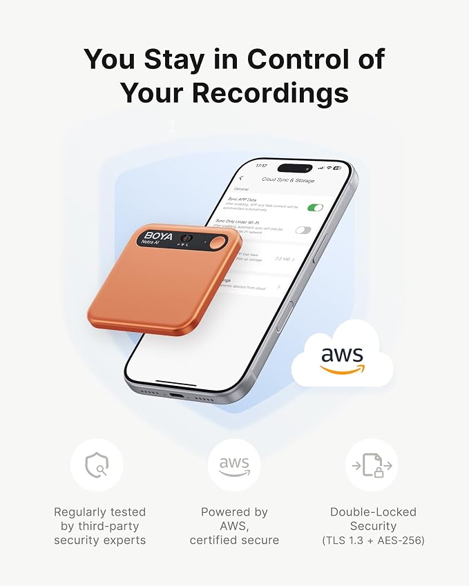 BOYA Notra AI Voice Recorder, Smart Transcription & Summary, App Control, 64GB Storage, Secure Cloud Sync, Supports 140+ Languages, MagSafe-Compatible, Ai Note Taker for Meetings & Interviews, Orange