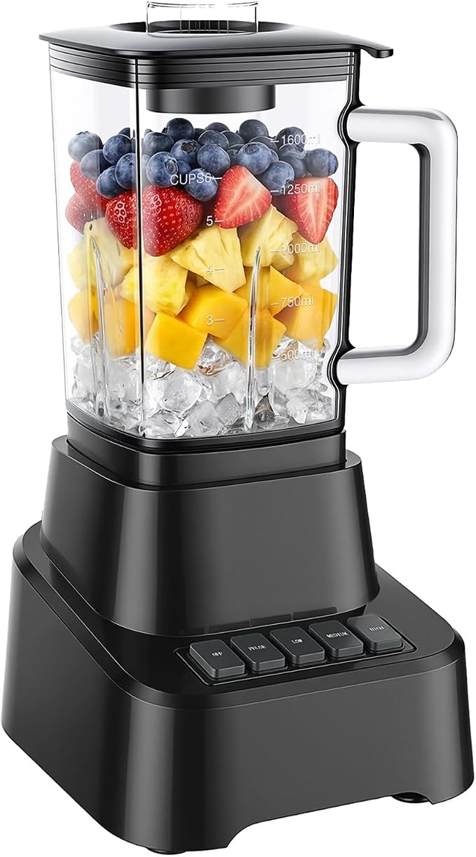 OLIXIS Professional Blender for Smoothies, Full-Size Kitchen Blender with 850 Peak Watts & 54oz Large Glass Pitcher, 4 Speeds with Pulse for Ice Crushing Frozen Fruits, Dishwasher Safe, Black