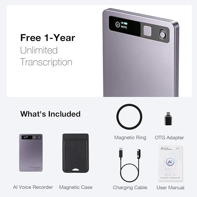 AI Voice Recorder, Transcribe & Summarize with AI Technology, App Control, 64GB Voice Recorder for Meetings & Calls, Supports 152 Languages, Ultra-Slim Recorder, Case Included, Gray