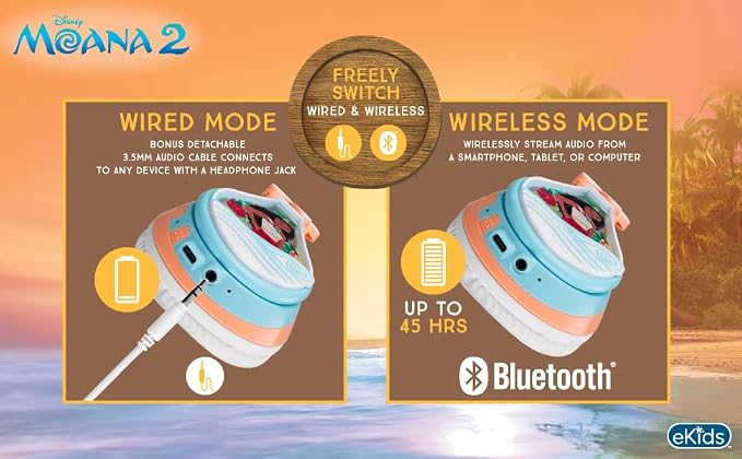 Disney Moana 2 Bluetooth Headphones for Kids Wireless Headphones for School | Volume Reduced and Built-in Microphone
