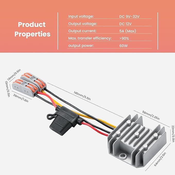 9-32V to 12V 5A 60W Waterproof DC-DC Buck Converter with Fuse | Step Down Power Transformer for Automotive, LED Lights, Construction Sites, Tools