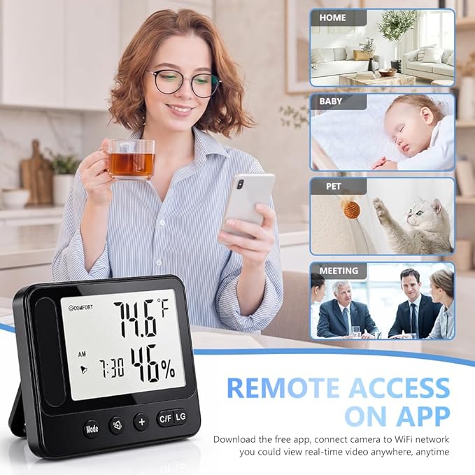 Ultra 4K HD Security Hidden Camera – Wireless Smart Indoor Hygrometer Thermometer with App Remote Control, Motion Detection, Night Vision, Temperature & Humidity Alert and Alarm Clock, Support 2.4G&5G