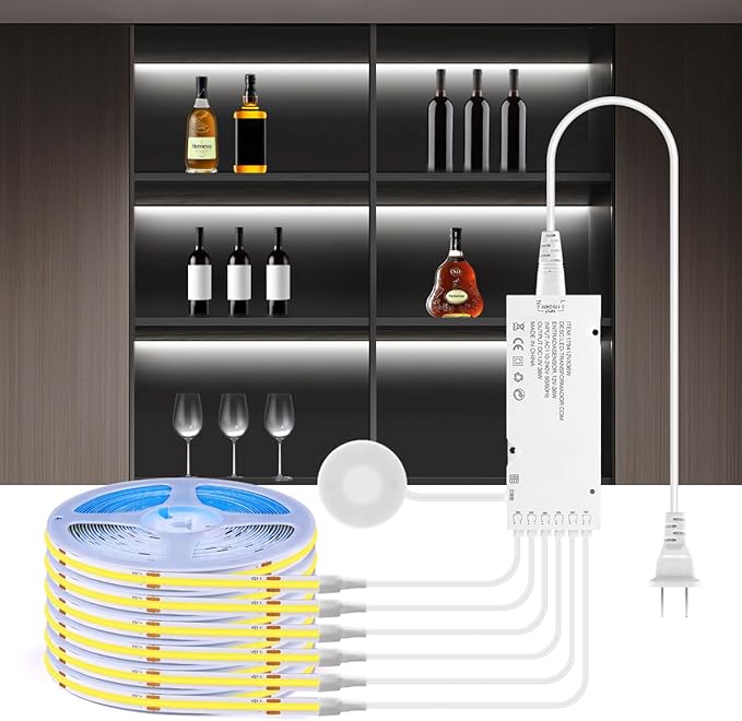 Cabinet Light COB LED Strip Lights 6-in-1 Dimmable Touch Control for Display Cabinets, Wardrobes, Kitchen, Wine Cabinets, Showcase & Shelf Lighting (White Light, 6.6ft)