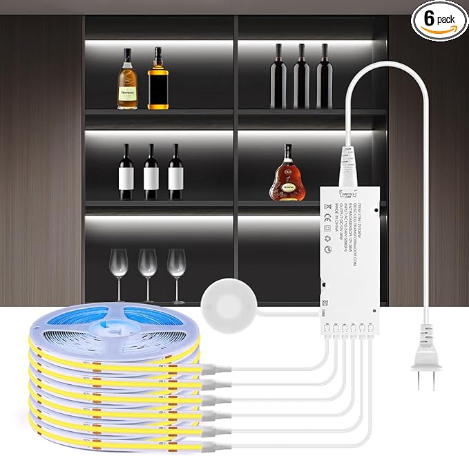 AIMENGTE Cabinet Light, LED Strip Lights, 6-in-1 12V COB Under Cabinet Lighting with Penetrable Touch Dimming, Energy-Efficient, for Wine Cabinets, Shoe Racks, Wardrobes, Kitchen Cabinets