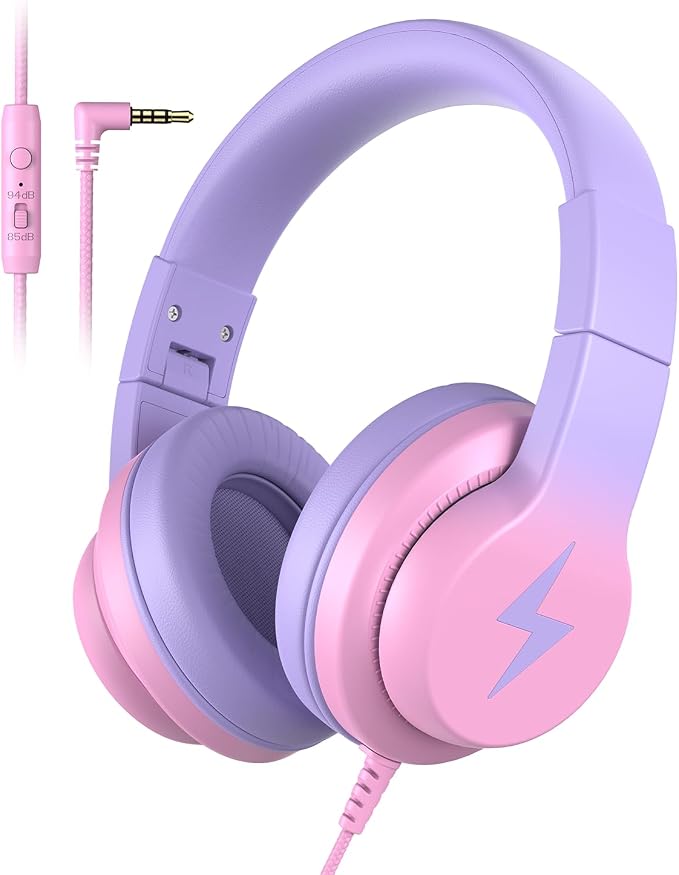 Candy Bila Kids Headphones, Wired Headphones for Kids Over Ear with Microphone, Foldable Headphone for Learning & Entertainment, Gradient Red
