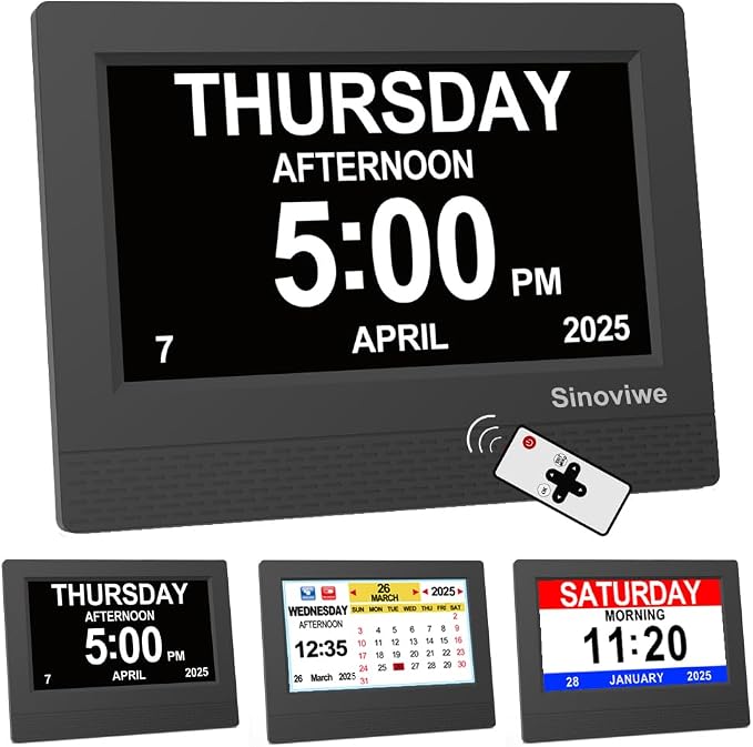 Digital Alarm Clock 7" HD Large Screen Digital Calendar with Auto-Dimming, Clear Day/Date Display for Alzheimer's Dementia Seniors & Low Vision with Remote Control and Custom Reminder Function(Black)