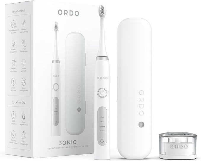 ORDO Sonic+ Electric Toothbrush with Case, Sonic Toothbrushes for Adults, Charging Travel Case, 4 Brushing Modes, Fast Rechargeable Battery, Silicone Polishing, USB Charger, White