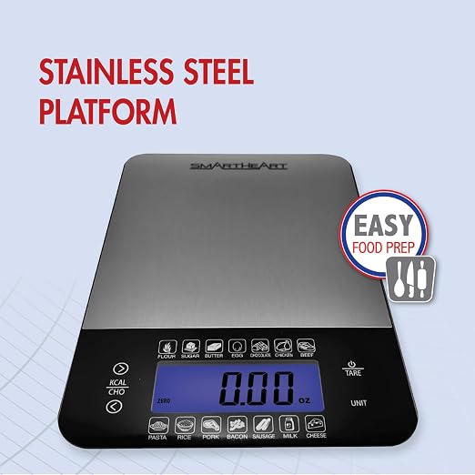 SmartHeart Premium Stainless Steel Digital Food Scale | Kitchen Scale for Meal Prep & Baking, Calorie & Carb Counter, 14 Foods, Tare, 11 lb, g/oz/lb/ml, Backlit LCD