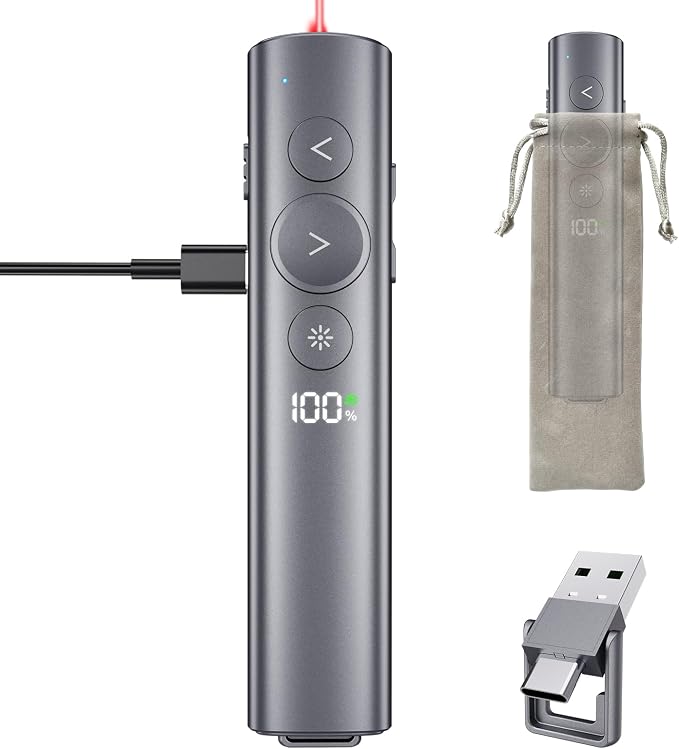 Rechargeable Presentation Clicker with Red Laser Pointer for PowerPoint, Power Display Wireless Presenter Remote with USB-A & USB-C Dongle, Slide Advancer for Mac, Windows, Laptop, Classroom, Office