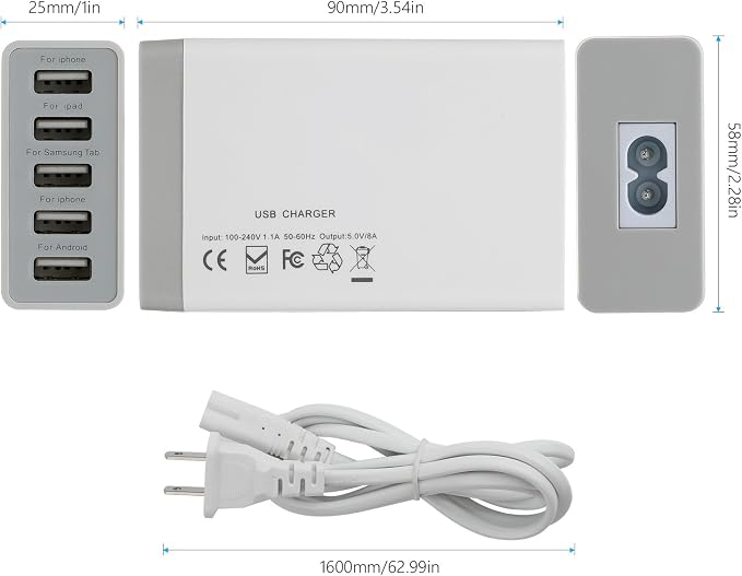 Desktop 5 Port USB Wall Charger 40W 8A, USB Hub Charging Station for Multiple Devices, Protable Multi Port USB Charger for Cell Phone, Tablet, Android Smart Phone and More