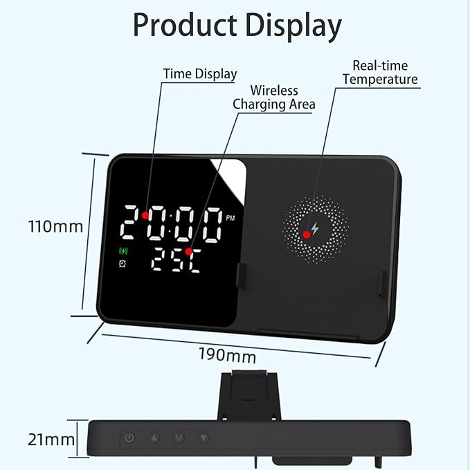 Multi-Function Wireless Charging Station with Digital Clock & Thermometer, 15W Fast Qi-Certified Charger, Alarm Clock, Fixed Stand Compatible with All Qi-Enabled Phones-W5 White