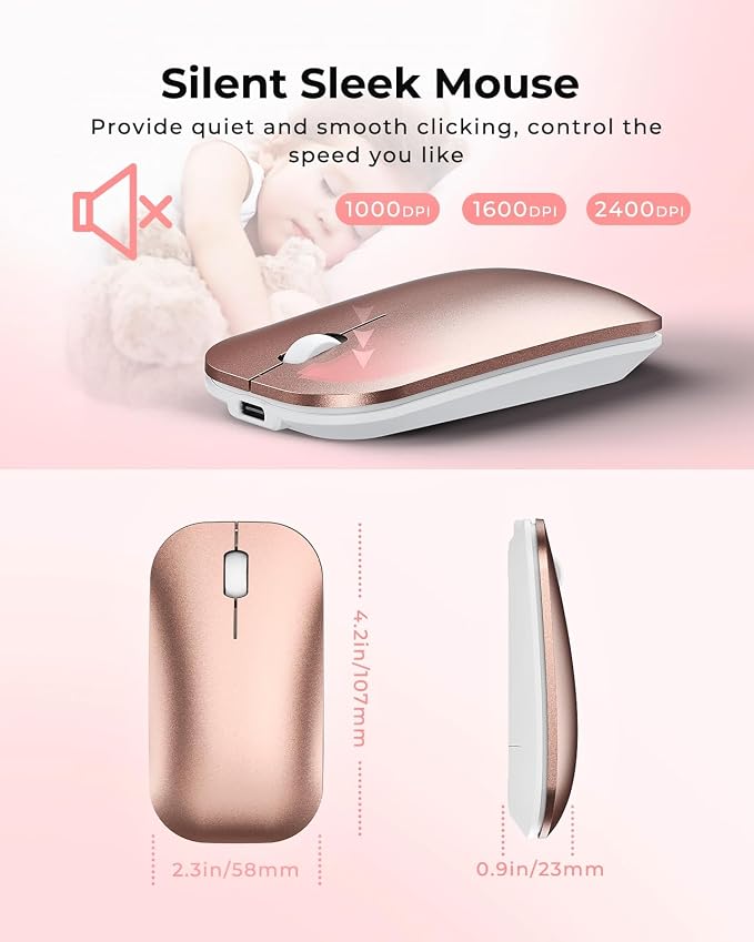seenda Wireless Bluetooth Keyboard and Mouse Combo, SKM64-3 Rechargeable Slim Quiet Keyboard Mouse, 3 Multi-Device Connection, Compatible for Windows 11/10 PC Laptop Mac MacBook iPad, White Rose Gold