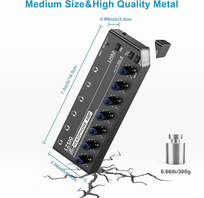 LZSIG Headphone Amplifier 6 Channel Metal Stereo Audio Amplifier with Bass Boost,Mini Earphone Splitter with Power Adapter,1/4" & 1/8" TRS Headphones Output and TRS Audio Input, DC 12V