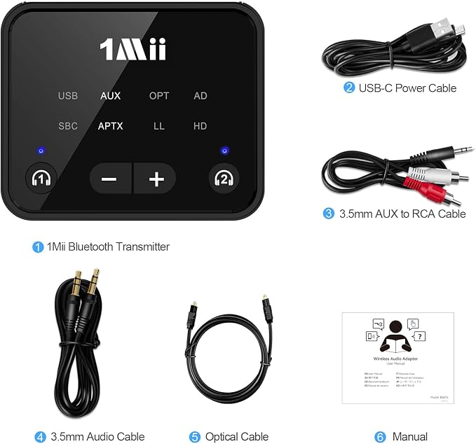 1Mii Bluetooth 5.3 Transmitter for TV to 2 Wireless Headphones, Long Range 100ft Bluetooth Adapter for TV aptX Adaptive & HD/Volume Control, Optical/AUX/RCA Audio Inputs