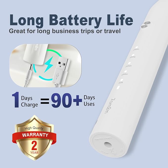 7AM2M Sonic Electric Toothbrush for Adults and Kids, with 8 Brush Heads and Travel Case,5 Modes with 2 Minutes Built in Smart Timer, One Charge Use for 90 Days, Rechargeable Toothbrushes(White)