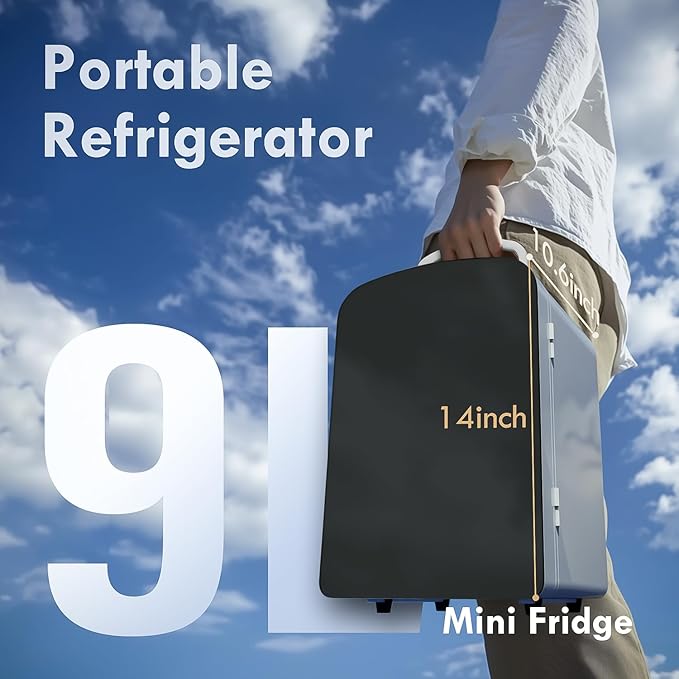 9L Mini Fridge for Bedroom - Car, College Dorm Room & Office Desk 12v Portable Cooler Warmer Skincare, Beauty Makeup, Drinks, Food AC/DC Small Refrigerator with Glass Front, 110 Volts, White