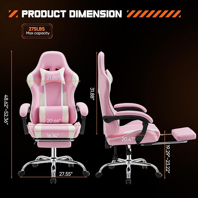 Heavy Duty Gaming Chair, Ergonomic Gamer Chair for Home Office with Footrest, Lumbar Support, Adjustable Backrest, Stable 360° Swivel Wheels for Adults, Professional Gamers and Teens, Pink