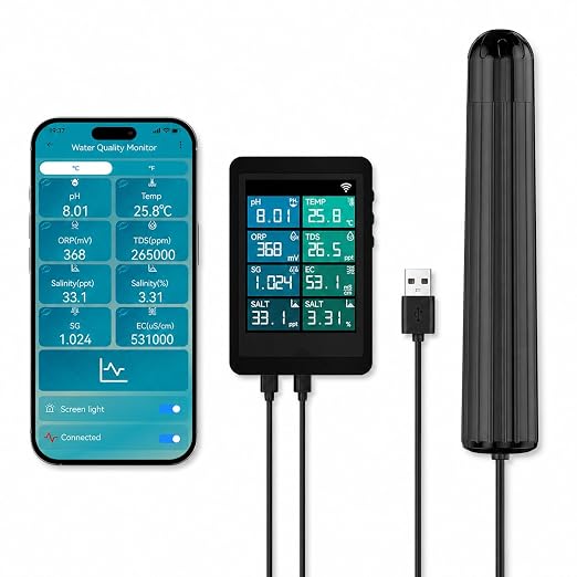 7-in-1 Water Quality Monitor, Dual Mode Local Display & WiFi Smart Monitoring, pH ORP TDS EC Salinity S.G. Temp Meter for Aquariums, Reef Tanks, Hydroponics & Ponds