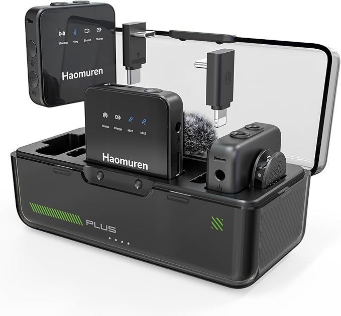 Haomuren Wireless Lavalier Microphone 2 Pack,Wireless Microphone,Compatible with iPhone,Android,Camera,iPad,Tablet,PC,Noise Cancel,Echo,Bluetooth Lapel Mic for Video Recording,Stream,Vlogs