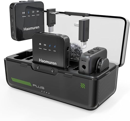 Haomuren Wireless Lavalier Microphone 2 Pack,Wireless Microphone,Compatible with iPhone,Android,Camera,iPad,Tablet,PC,Noise Cancel,Echo,Bluetooth Lapel Mic for Video Recording,Stream,Vlogs