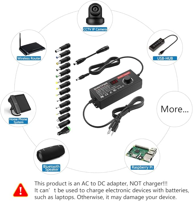 SHNITPWR AC Adapter 120W Universal Power Adapter 4V 5V 6V 9V 12V 15V 18V 19V 20V 24V Adjustable Switching Power Supply 100V~240V AC to DC 4V ~ 24V 5A Converter with 14 Tips & Polarity Converter