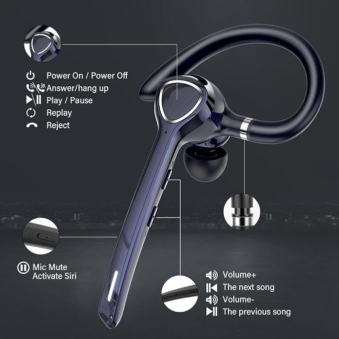 Bluetooth Headset with APTX HD Audio, Wireless Hands-Free Earpiece with CVC 8.0/ENC Dual Mic, Mute Button & Dual Device Connection, 90H Playtime Single-Ear Headphone for Trucker, Business, Navy blue