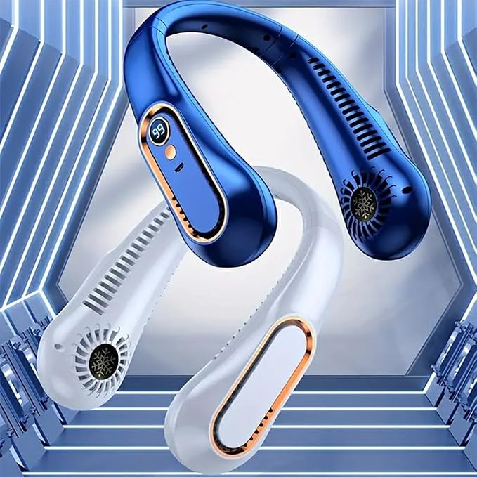 2500mAh portable neck fan, rechargeable USB portable cold fan with 5-speed wind speed and digital display, no blade design (Blue 2500mAh)