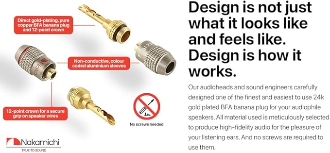 Nakamichi FanLock Excel Series 24k Gold Plated BFA Banana Plug 10 AWG - 18 AWG Gauge Size 4mm for Speakers Amplifier Hi-Fi Stereo Home Theatre Radio Audio Wire Cable Quick Connector, 8 Pcs (4-Pairs)