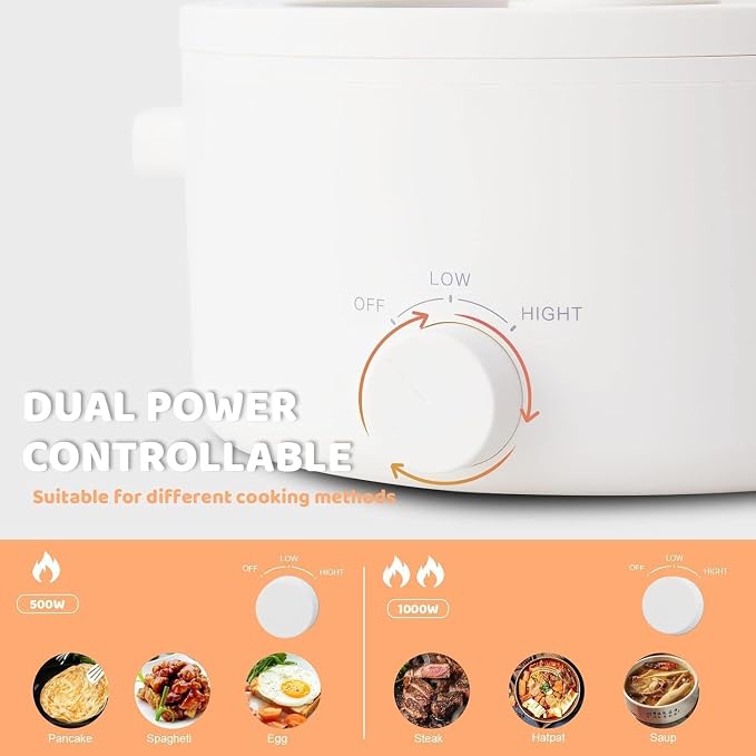 Hot Pot Electric, 3L Portable Electric Pot with Ceramic Non-stick Coating, Dual Power Multi-functional Romen Cooker for Steak, Pasta, Hot Pot, Ramen (Ceramic (inner surface), White)