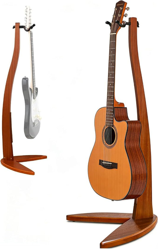 MUSO Guitar Bass Hanger Stand, Solid Wood Bow Holder Mermaid Shaped for Display and Storage, 42 inches Height Anti-scratched and Anti-bump, Deorate Studios, Living room and Stage (Sapele, 1)