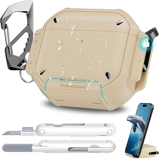 for AirPods 4 Case Waterproof[IP68 Underwater][Full Heavy Duty Protection][Supports Wireless Charging] Anti-Scratch Hard Shell Cover for AirPods 4rd Gen Cleaner Kit&Carabiner (Desert)