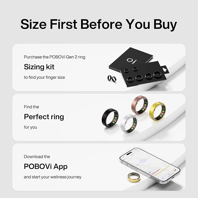 POBOVi Gen 2 Titanium Smart Ring for Women & Men, Sleep & Heart Rate Tracker, No Subscription, Size Before You Buy (Gold, 9)
