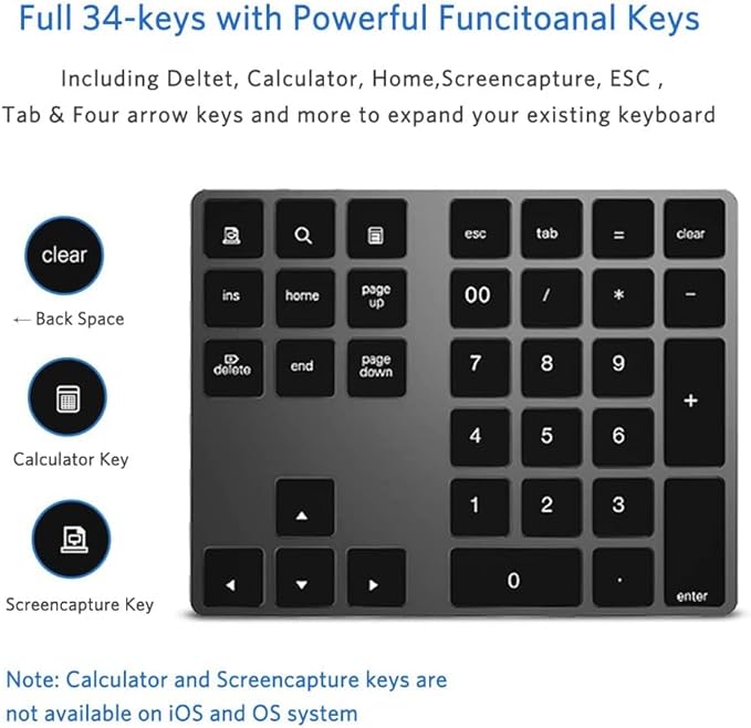 JOYEKY Bluetooth Number Pad, Wireless Numeric Keypad, USB-C Rechargeable External 34-Keys Numpad, Financial Data Entry Keyboard for iMac, MacBook Air/Pro, PC Desktop, Laptop Notebook