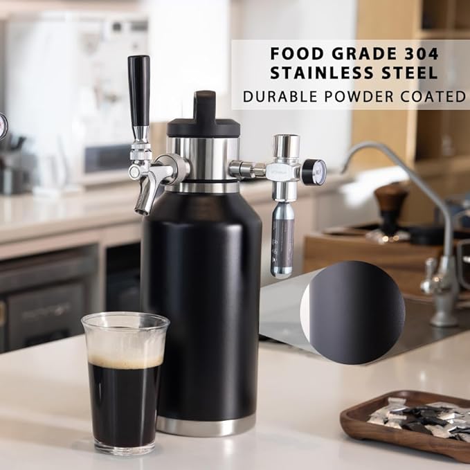 64oz Double-Walled Mini Keg Growler, Stainless Steel Vacuum Insulated Home Dispenser System with Detachable Faucet & Regulator Keeps Homebrew, Craft, and Draft Beer Carbonated and Fresh