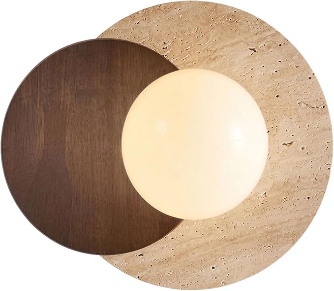 Marble Wall Lamp, Bathroom Vanity Light Fixtures, Wall Mount Lamp, Over Mirror, Stone Wall Sconces, Vintage Wall Light with Wood and Stone Shade, for Porch Workshop Kitchen Living Room