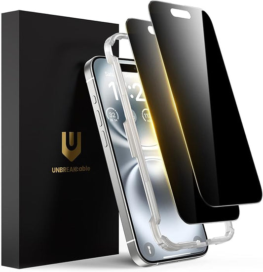 UNBREAKcable Privacy Screen Protector for iPhone 16 Plus, Anti-Spy Shatterproof Tempered Glass [True 28°Anti Spy] [9H Hardness] [Easy Installation Frame] Black Protector for iPhone 6.7" - 2 Pack