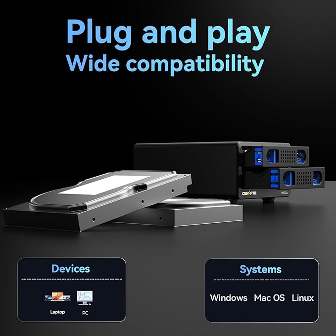 CENMATE Aluminum 2 Bay Hard Drive RAID Enclosure with Cooling Fan for 2.5“/3.5" SATA HDD/SSD with USB A/C 3.0, Tool-Free HDD Enclosure, 4 Modes