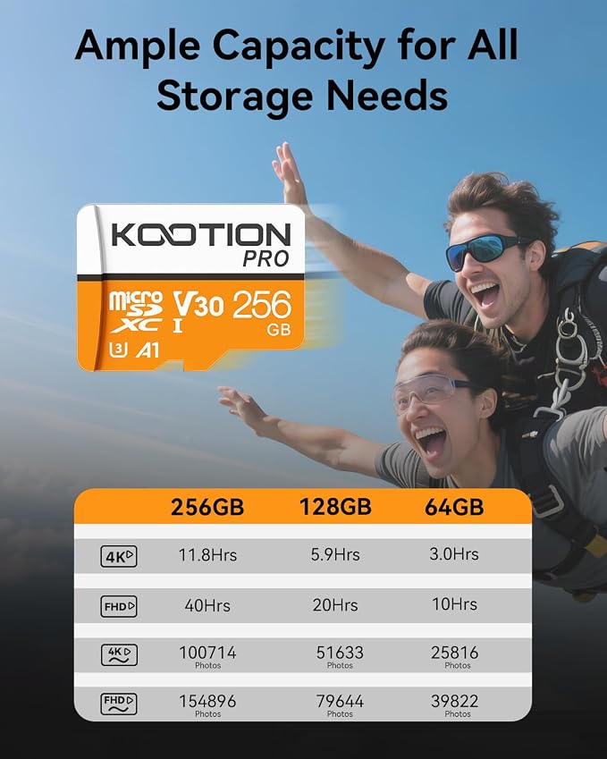 KOOTION Micro SD Card 256GB U3 TF Card with Adapter, V30, A1, Full HD, 4K UHD, UHS-I microSDXC Flash Memory Card for Smartphone
