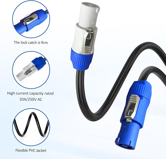 PowerCon Power Cable AC PowerCon Input to Output 12AWG 3 Pin Power Extension Cable for LED Screen Beam Moving Head Light, Stage Light Power,Audio Video Equipment and More-25FT